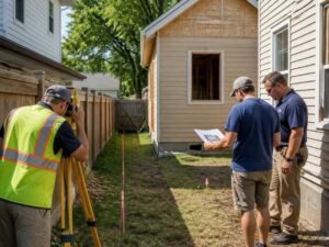 Surveyor marking property boundaries before adding a new structure in Washington DC