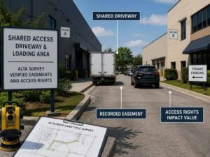 Commercial building with shared driveway access reviewed during an ALTA survey.