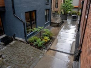 Compact urban courtyard showing downspouts, pavement slopes, trench drains, and runoff management features