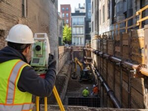 Construction surveyor checking building alignment with a total station on a narrow urban lot between existing structures.