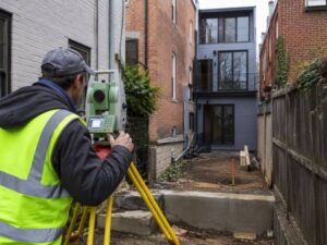 Land surveyor measuring a narrow lot between Washington, DC rowhouses for a constrained building project.
