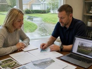 elevation certificate flood claim washington dc - Washington DC Land Surveying Homeowner reviewing an elevation certificate with a surveyor before a flood claim in Washington DC