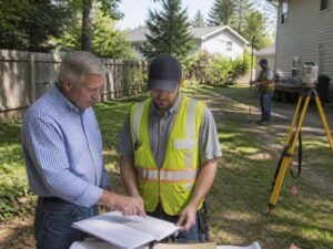 Two men review blueprints in a residential backyard; one points to the plans while the other looks on. The man in a safety vest stands near surveying equipment and a tripod in the background.