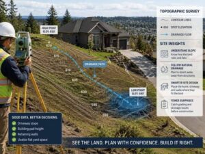 topographic-survey-slope-drainage-mapping - Washington DC Land Surveying Surveyor using equipment to map slope and drainage conditions on a residential lot.