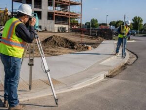 vertical-datum-check-sidewalk-infrastructure-connection - Washington DC Land Surveying Land surveyor verifying elevation at a curb and sidewalk connection beside a new construction site.