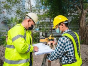 Construction Survey professional measuring a tight building lot between shared walls in Washington DC